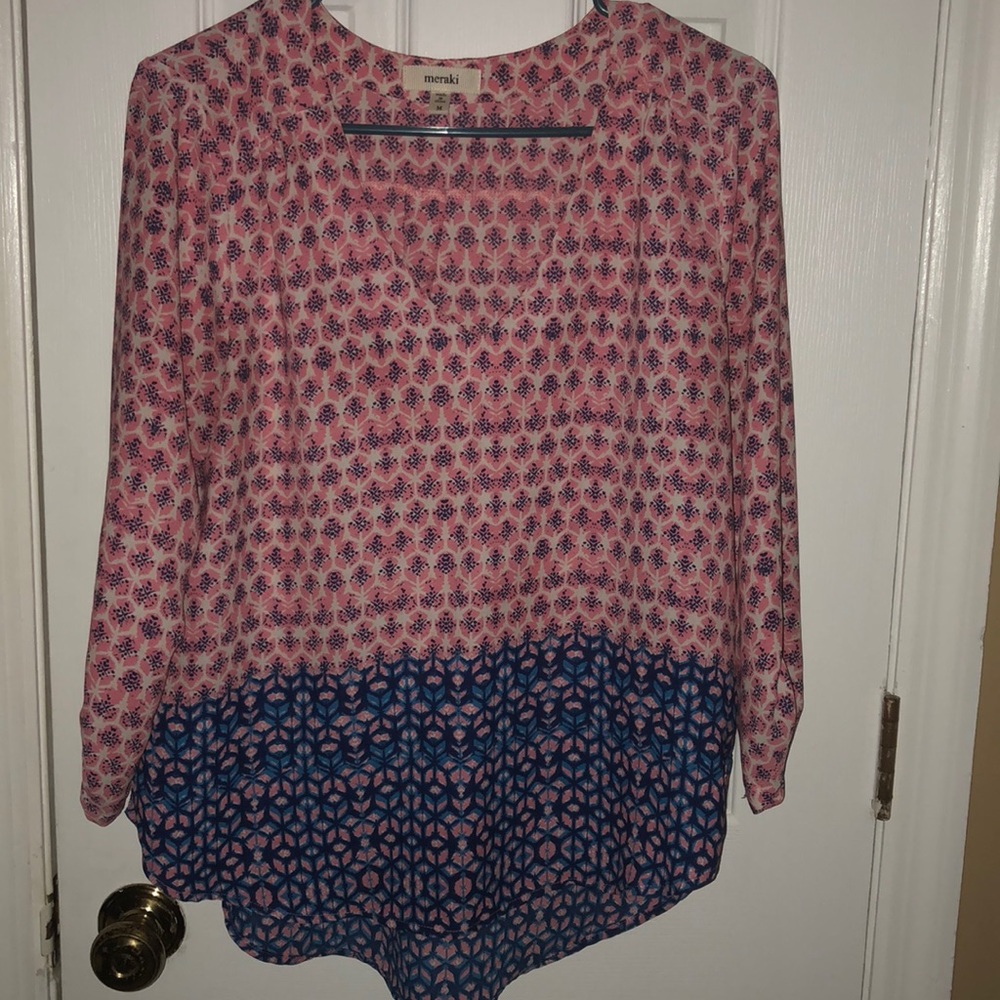 Blue, white, and coral blouse